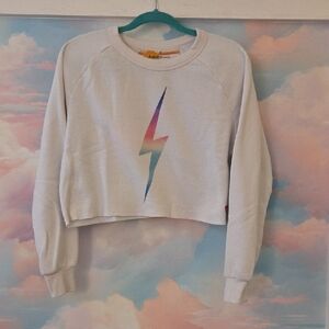 Aviator Nation White Cropped Crewnwck Sweatshirt With Rainbow Ombre Bolt